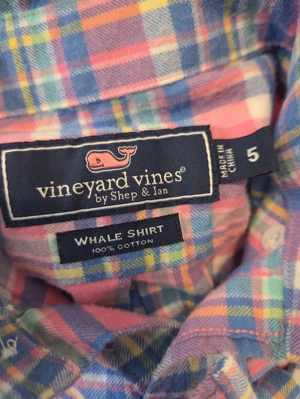 Vineyard Vines Pink, Blue & Green Plaid Flannel Button-Up Shirt Boys Whale Shirt - Picture 8 of 9